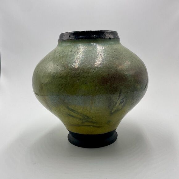 Studio Art Pottery Green Iridescent Glaze Raku Vase Planter Zion Canyon - Picture 3 of 9